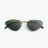 A pair of vintage green sunglasses with a pale gold metal alloy frame, featuring invisible nylon rims and adjustable nosepads.